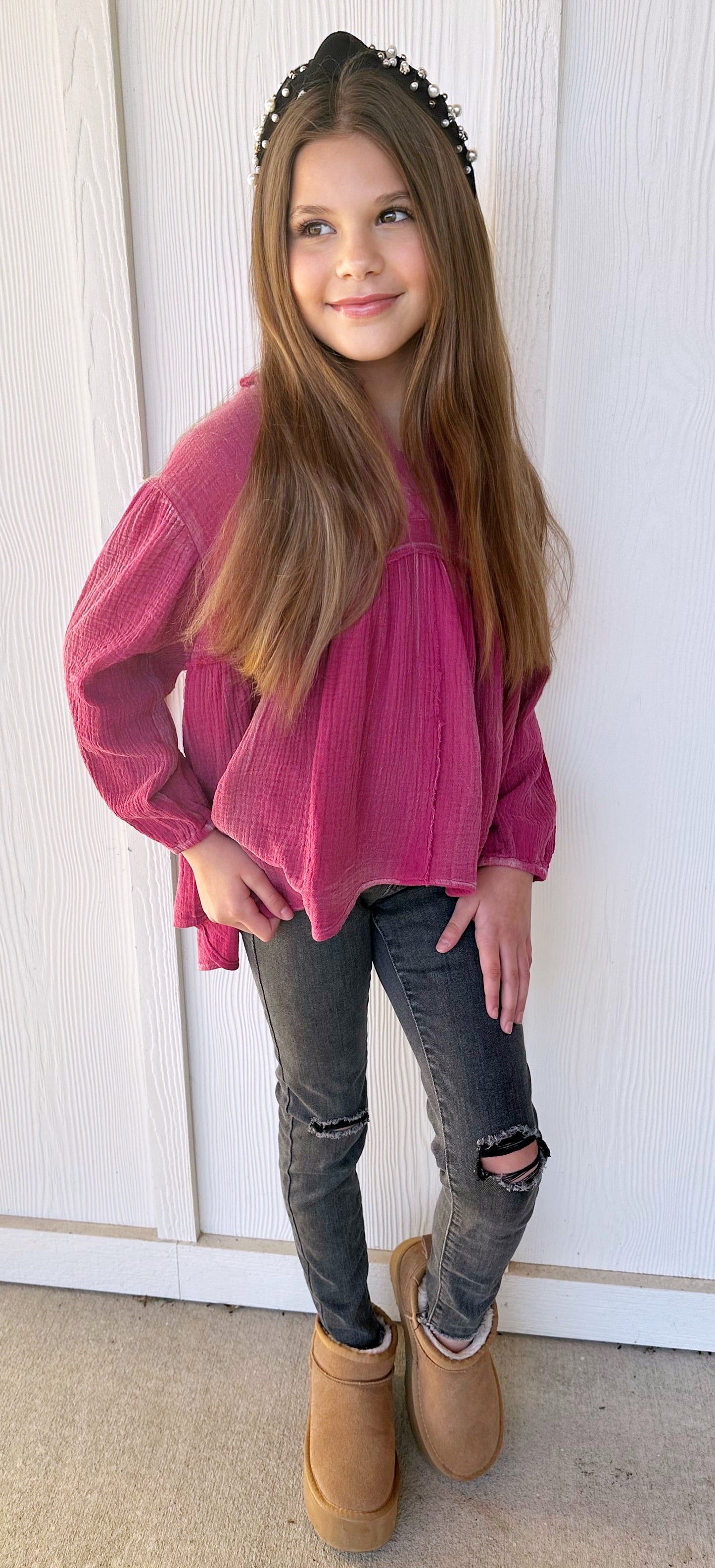 Magenta Washed Raw Edge Puff Sleeve Peplum Top