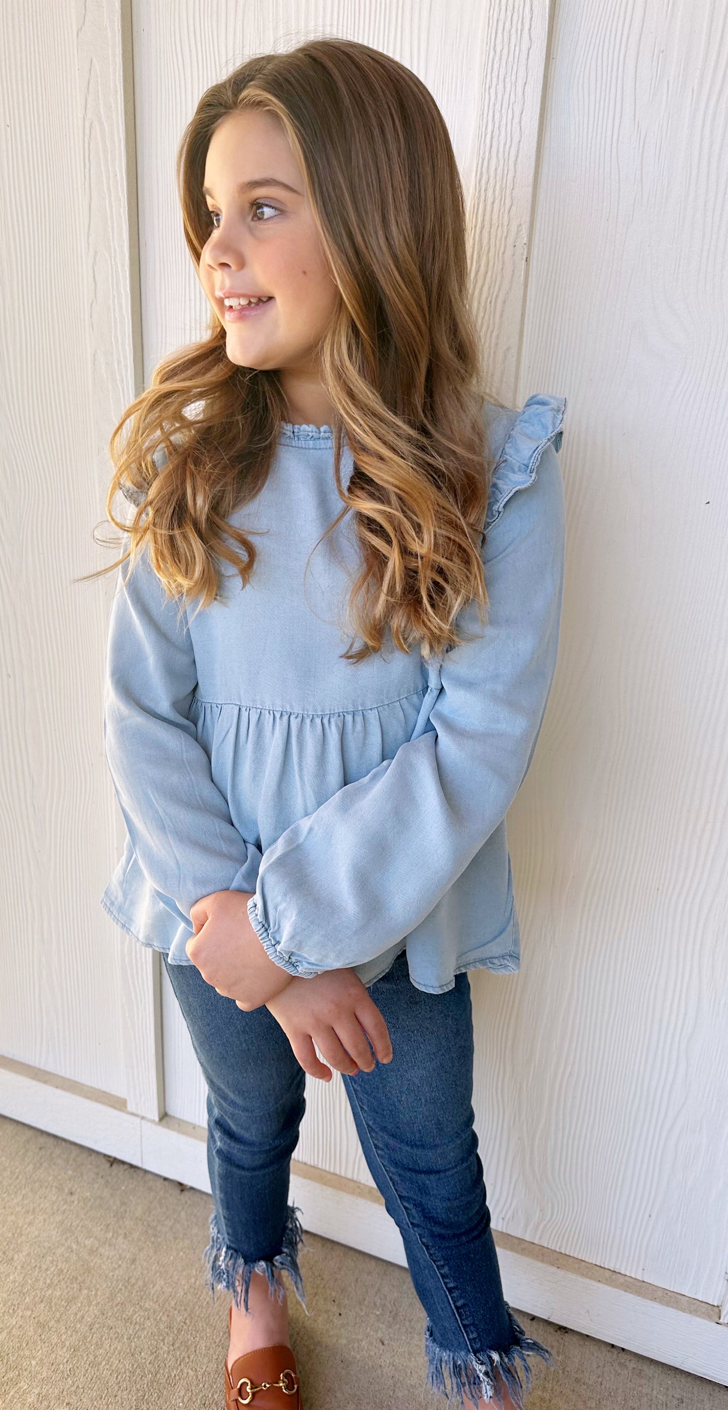 Chambray Ruffle Neck Puff Sleeve Top