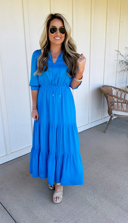 Blue Split Neck 3/4 Sleeve Dress