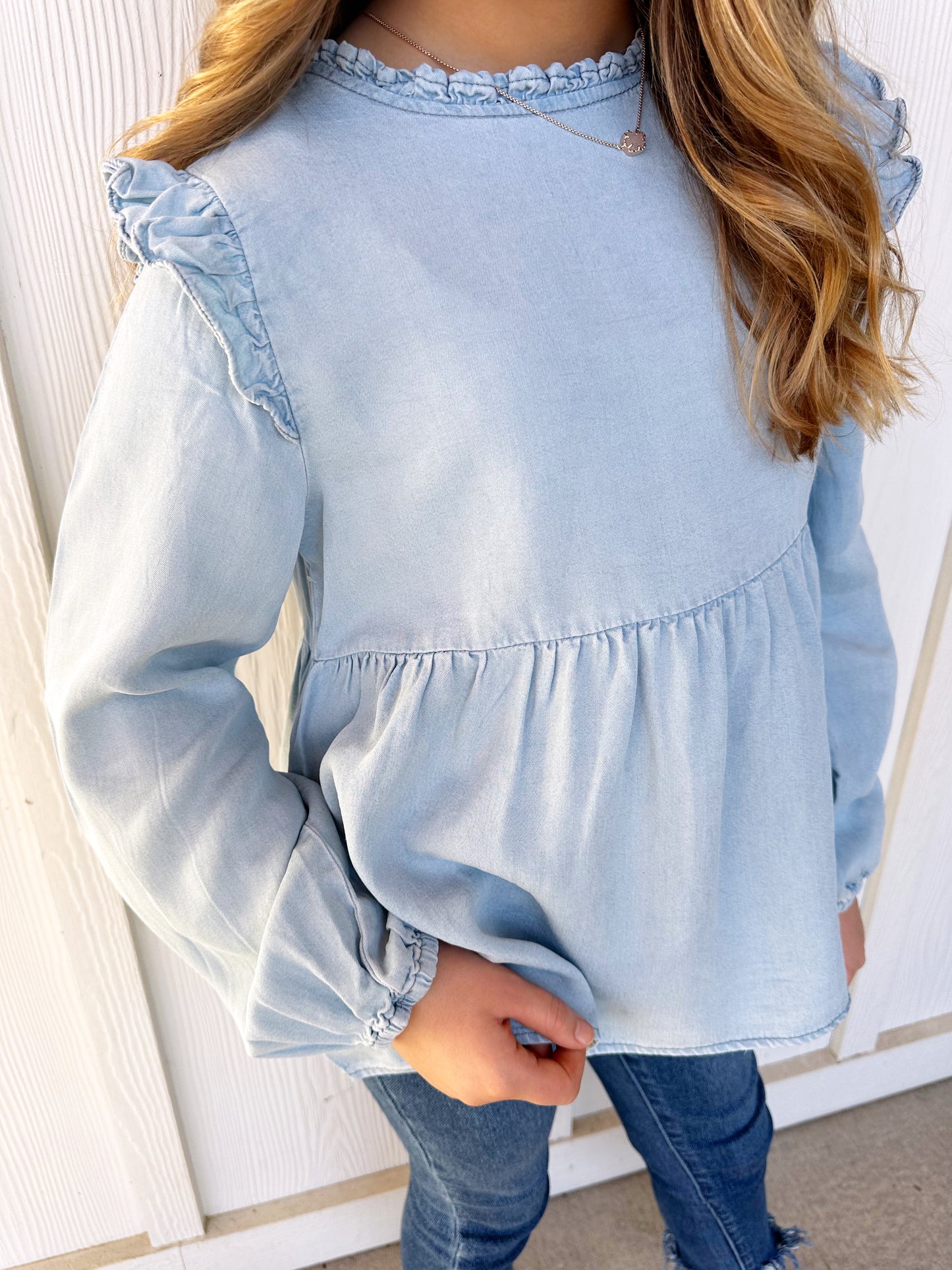 Chambray Ruffle Neck Puff Sleeve Top