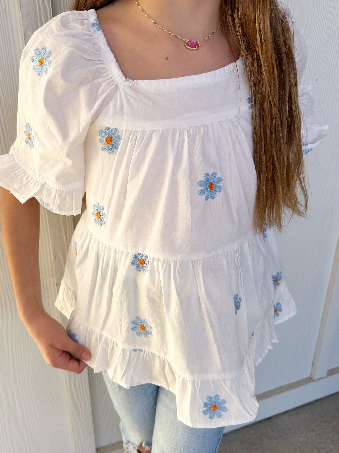 All Over Daisy Embroidered Square Neck Top