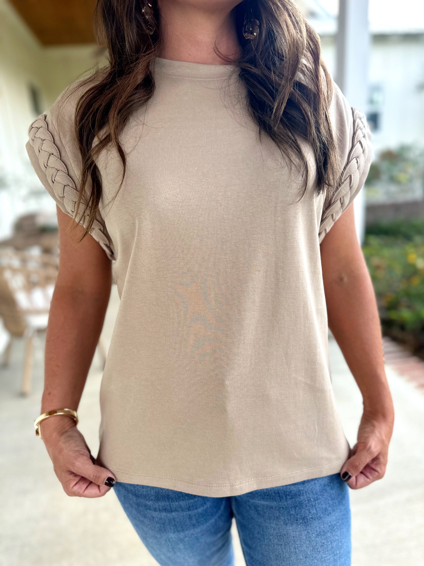 Braided Sleeve Taupe Top