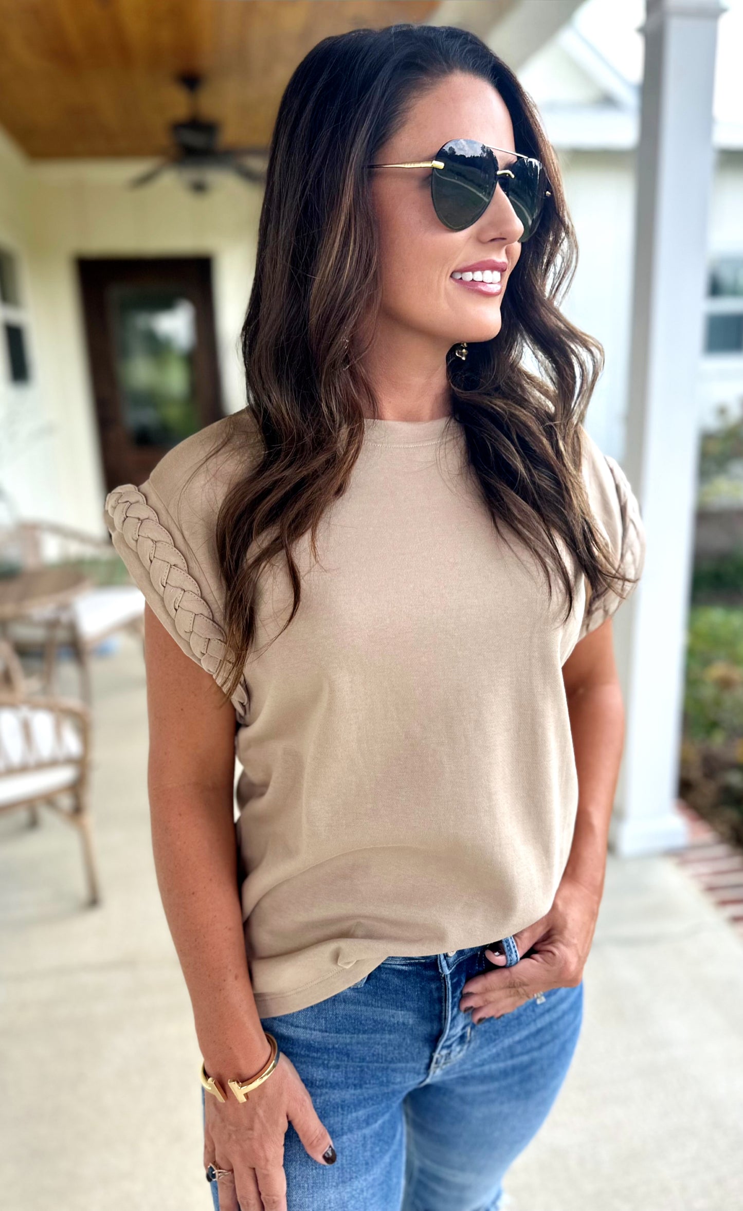 Braided Sleeve Taupe Top