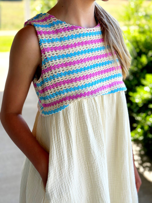 Striped Crochet Ivory Dress