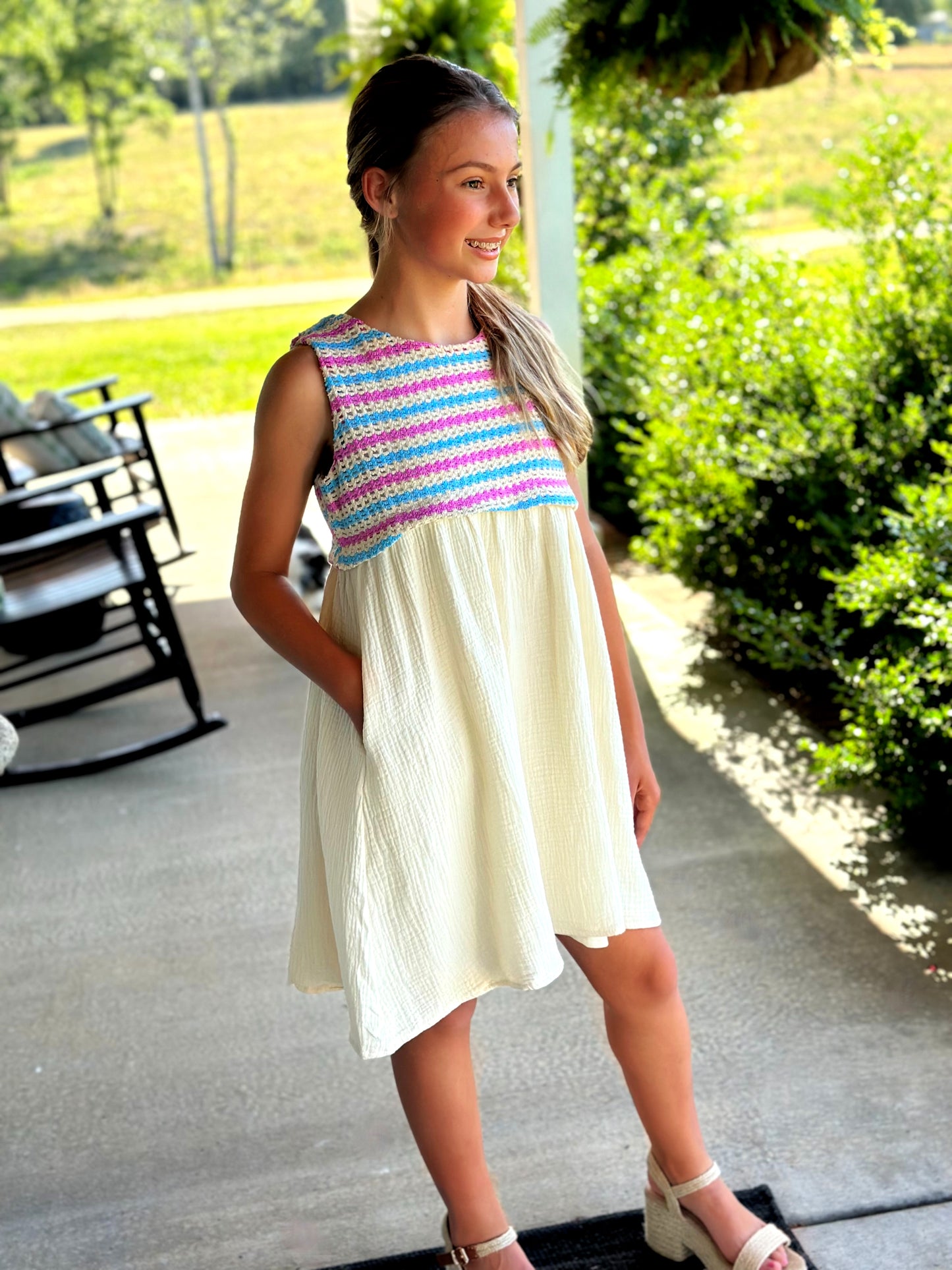 Striped Crochet Ivory Dress