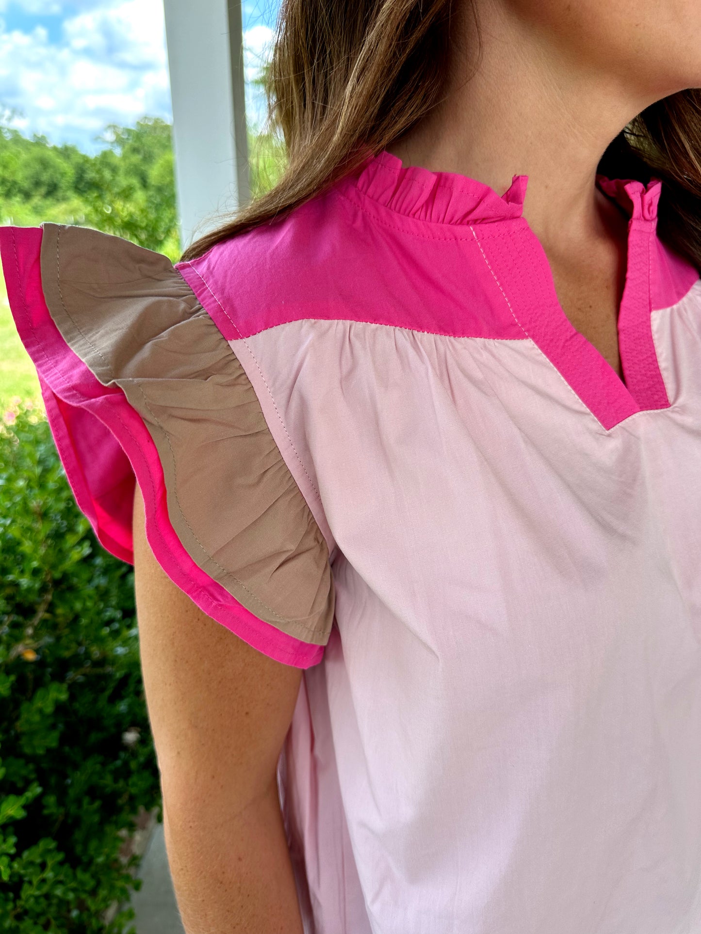 Pink Colorblock Ruffle Top