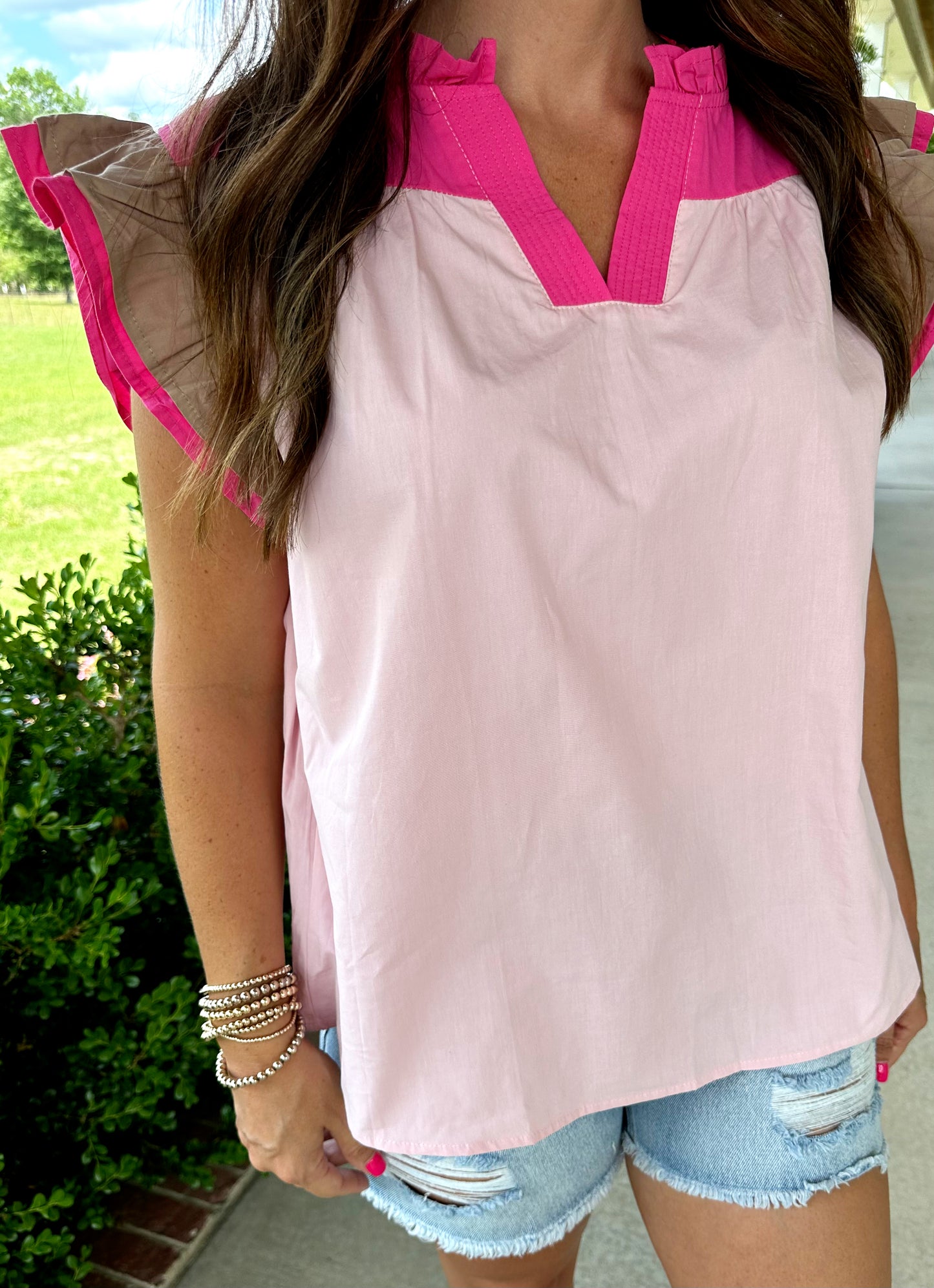 Pink Colorblock Ruffle Top