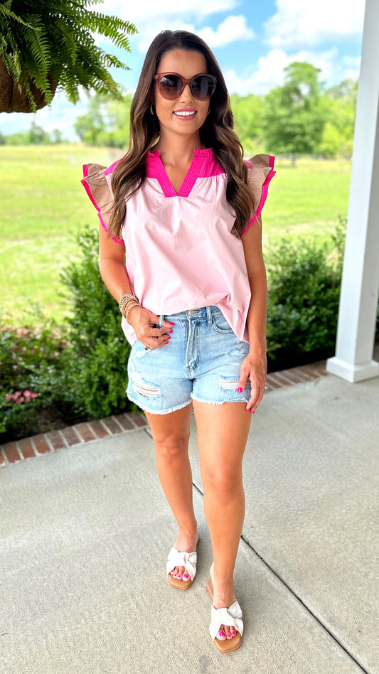 Pink Colorblock Ruffle Top