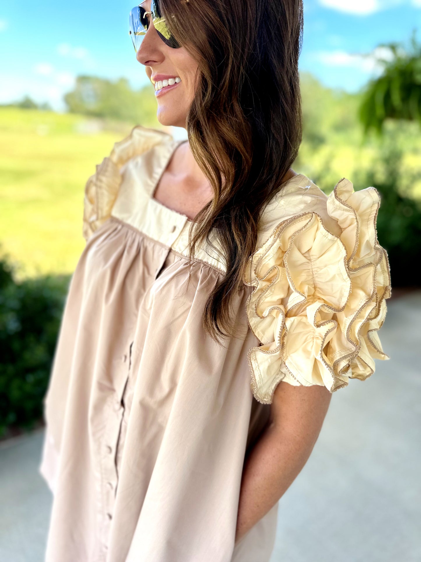 Cream/ Black Ruffle Shoulder Detail Dress