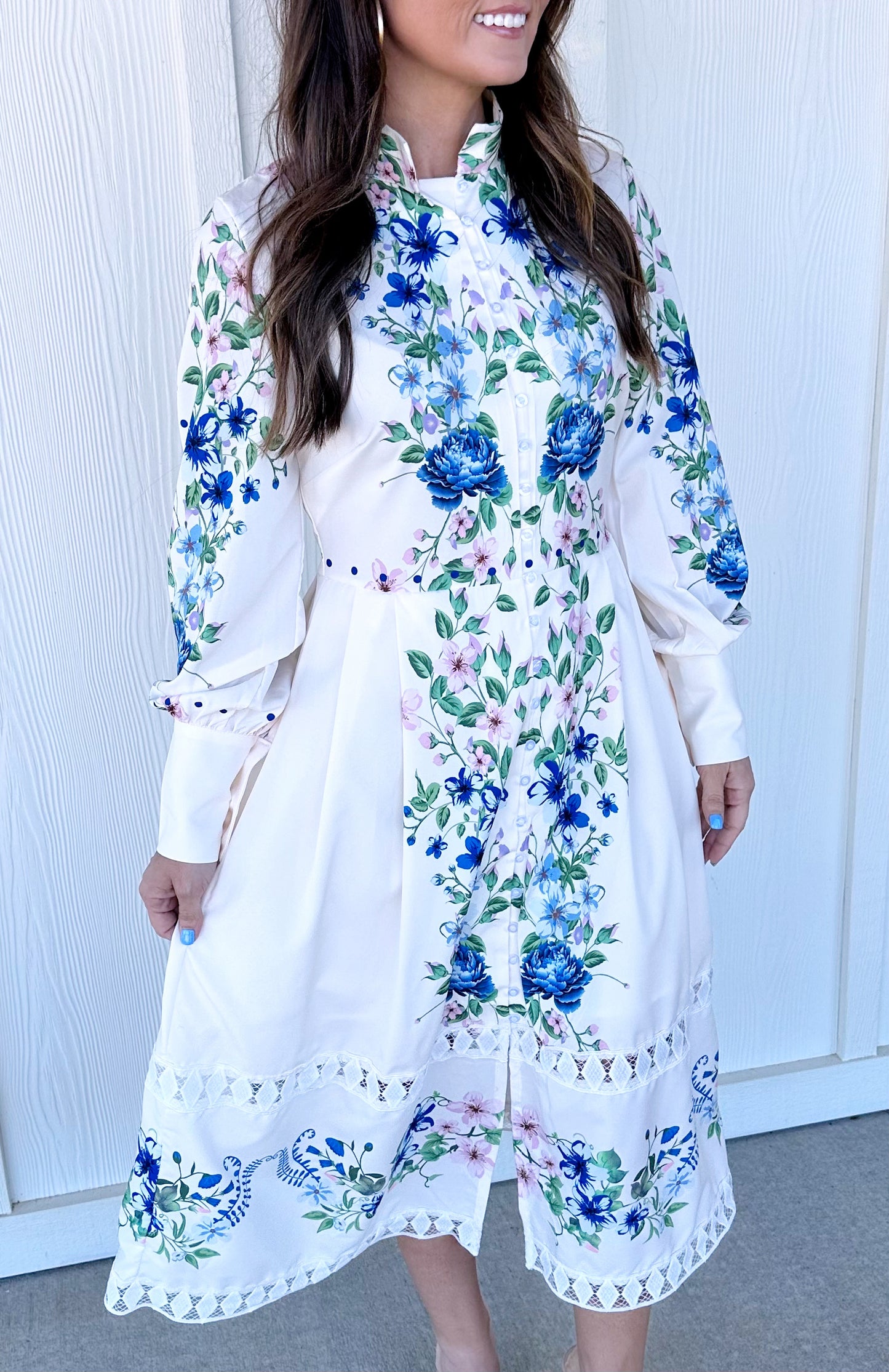 Blue Floral Print Long Sleeve Front Button Dress