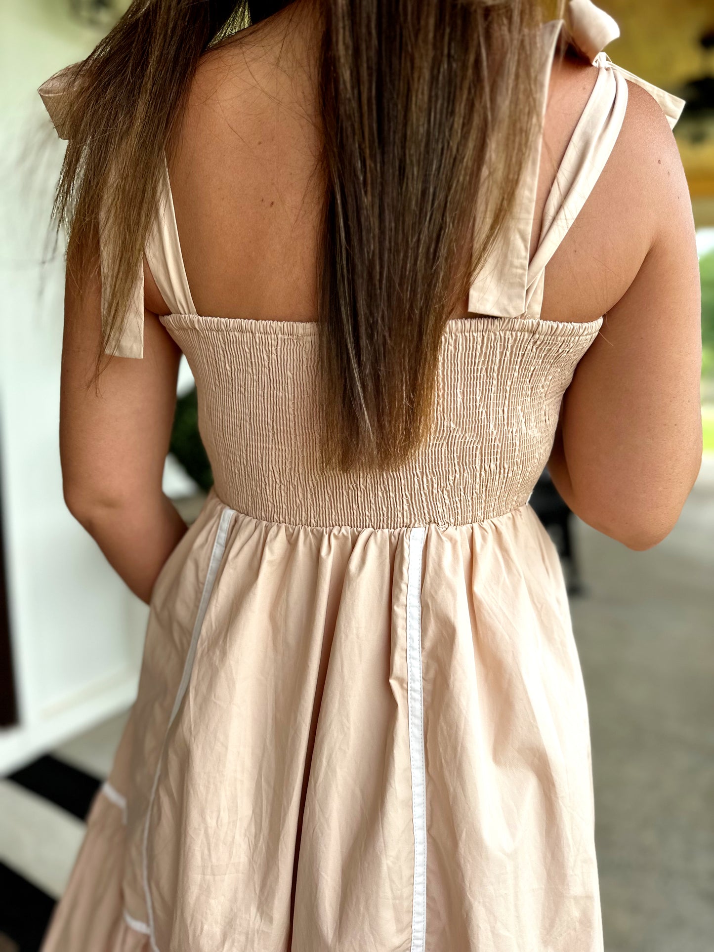 Taupe/White Contrast Tie Shoulder Dress