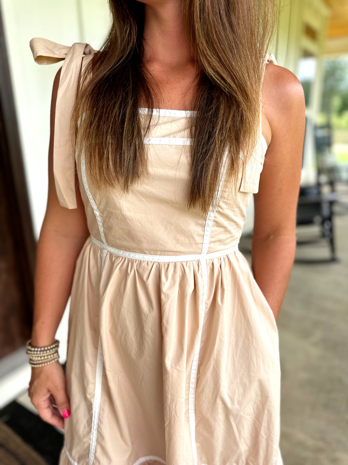 Taupe/White Contrast Tie Shoulder Dress