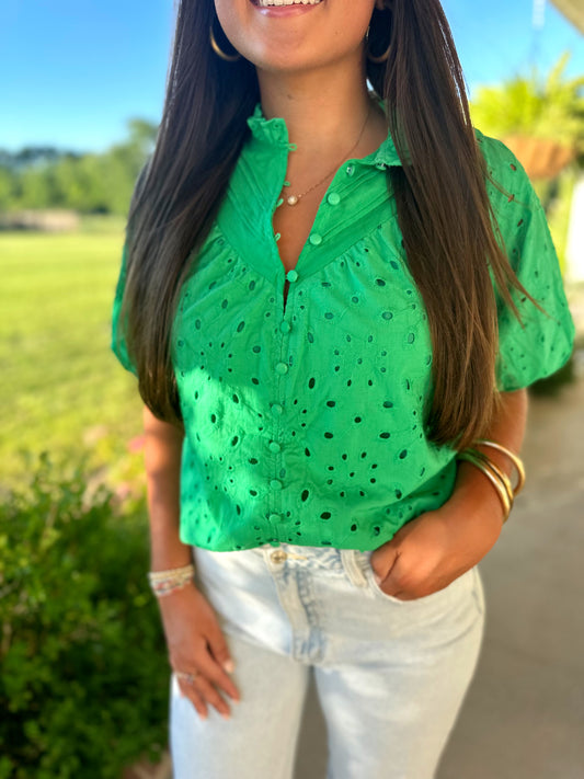 Green Button Eyelet Top