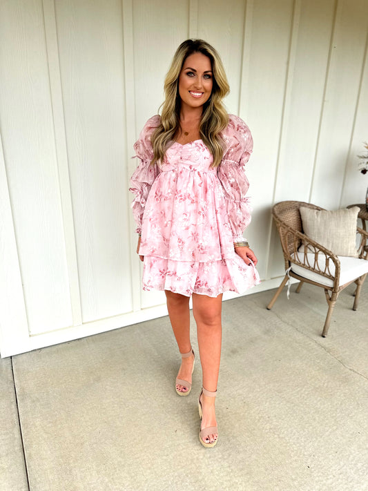 Pink Floral Bow Sleeve Dress