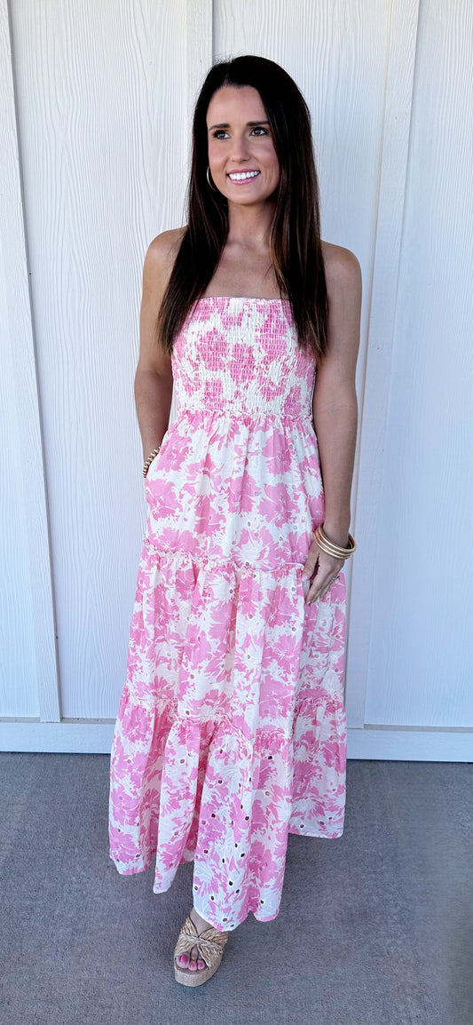 Pink Floral Smocked Strapless Maxi