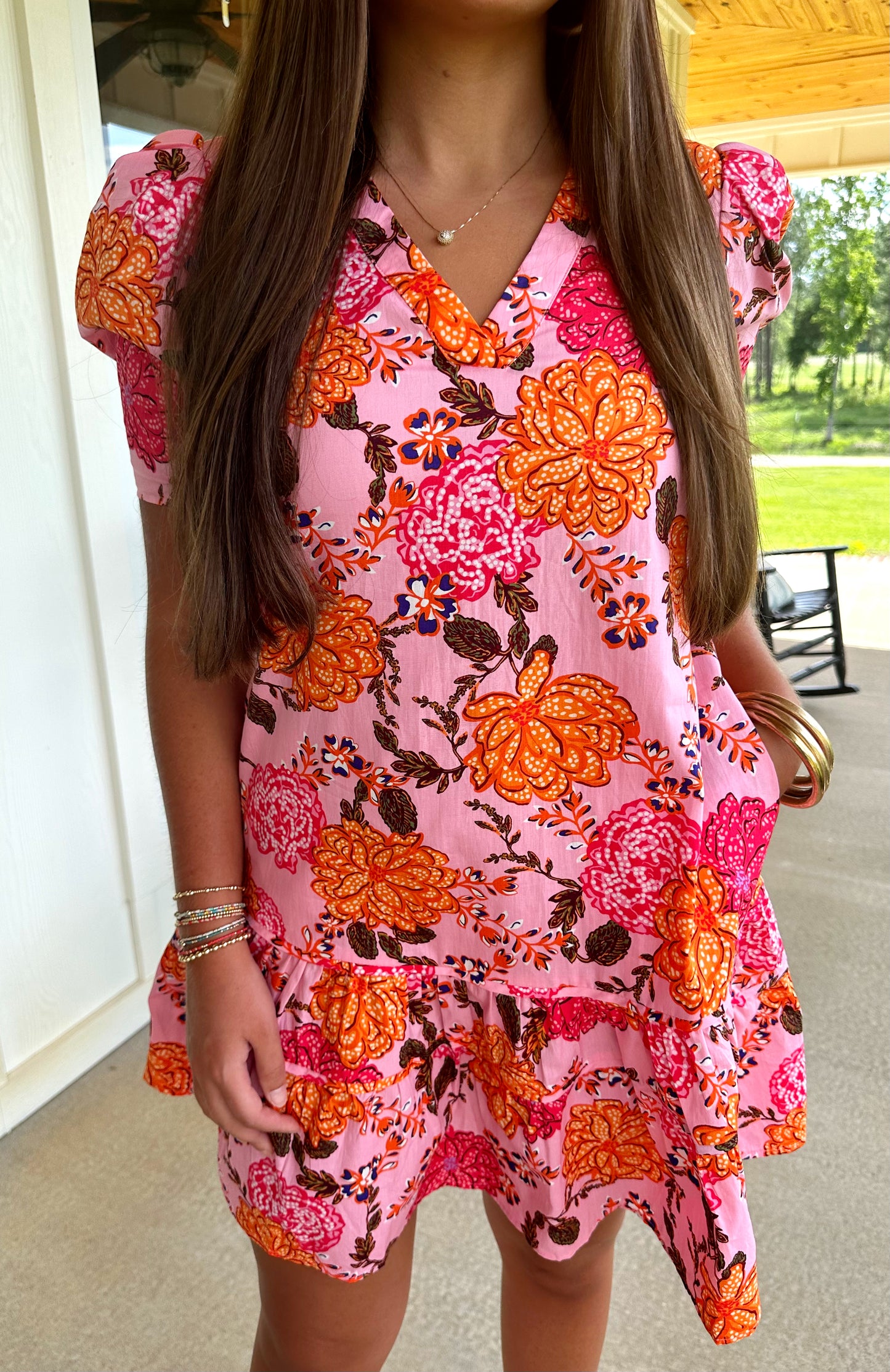 Floral Bubble Sleeve Mini Dress