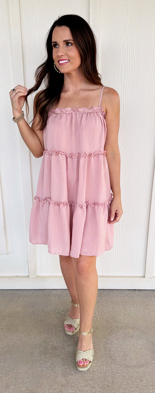 Dusty Pink Ruffle Detail Tiered Mini Dress