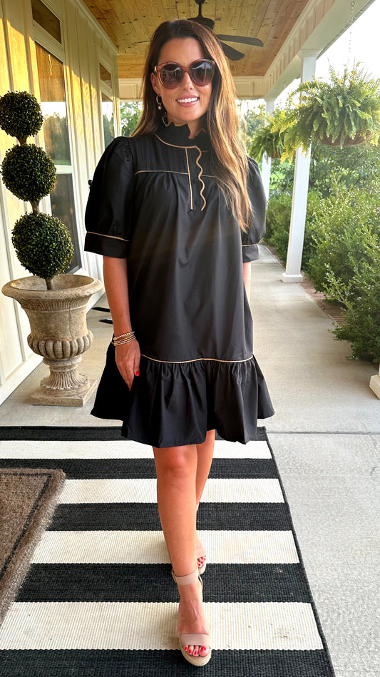 Tan Trim Black Dress