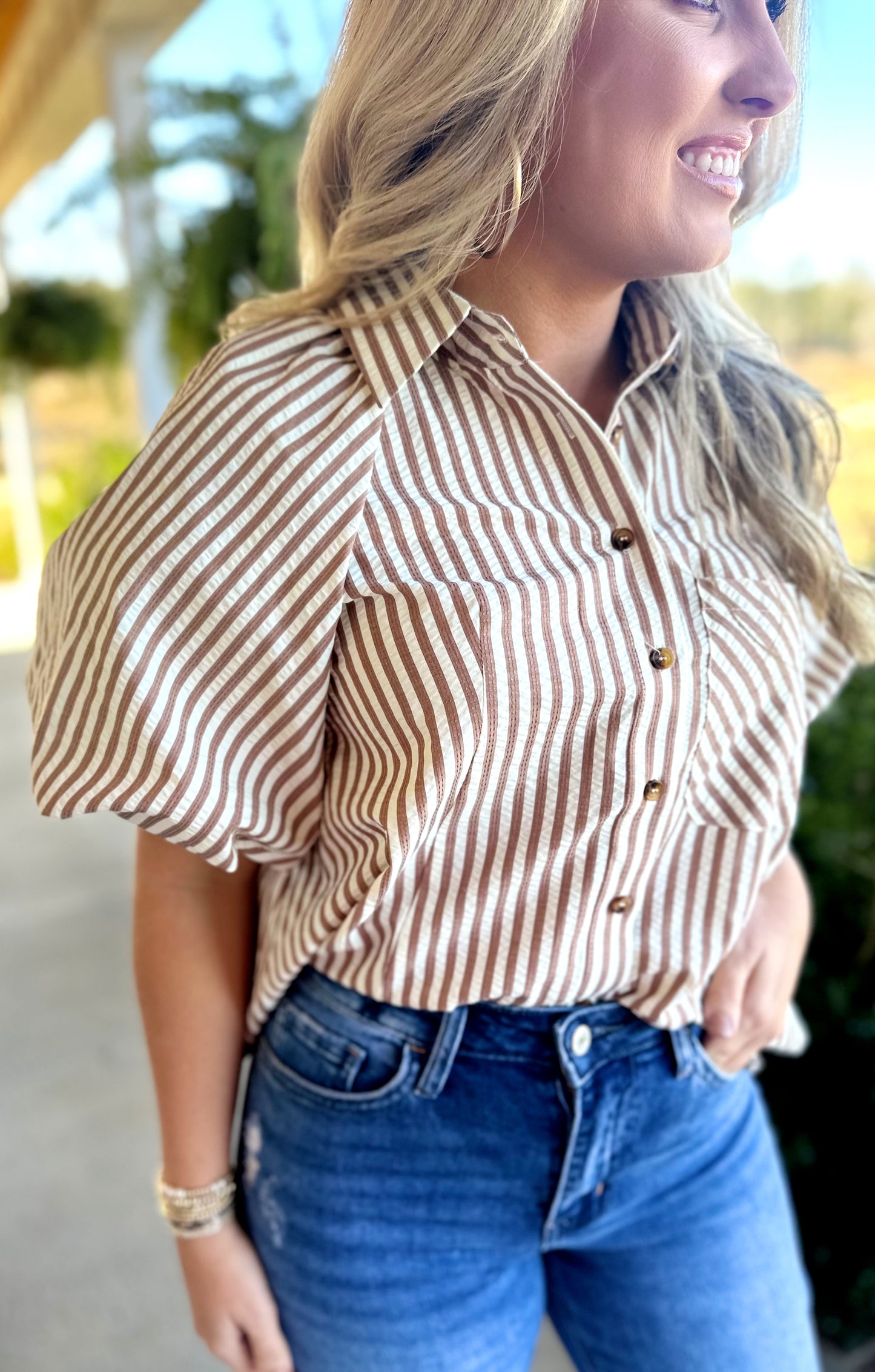 Pecan Stripe Bubble Sleeve Top