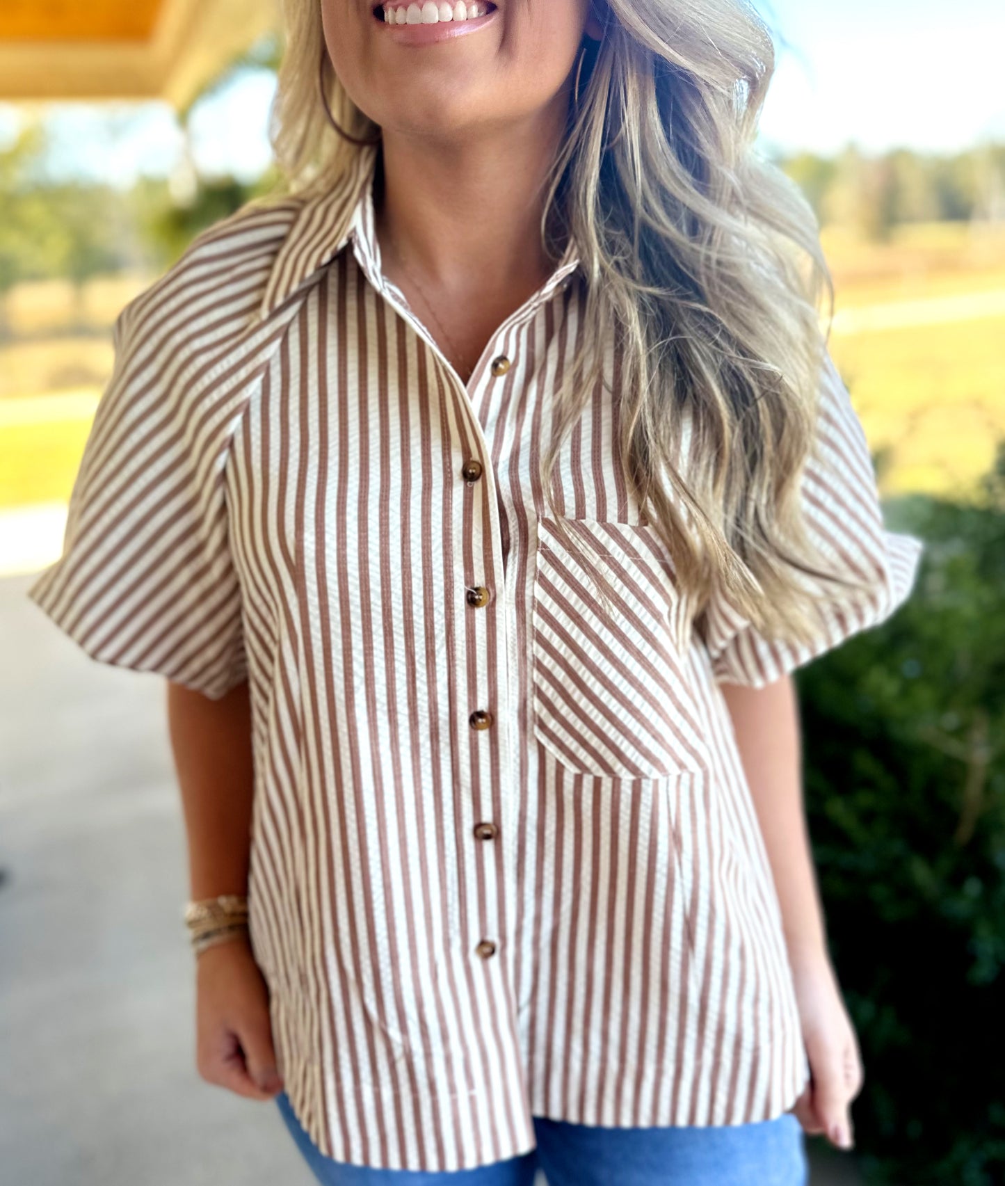 Pecan Stripe Bubble Sleeve Top