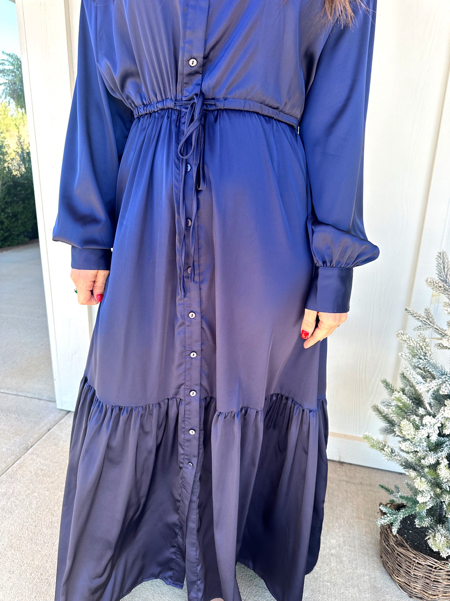 Navy Collared Satin Maxi Dress