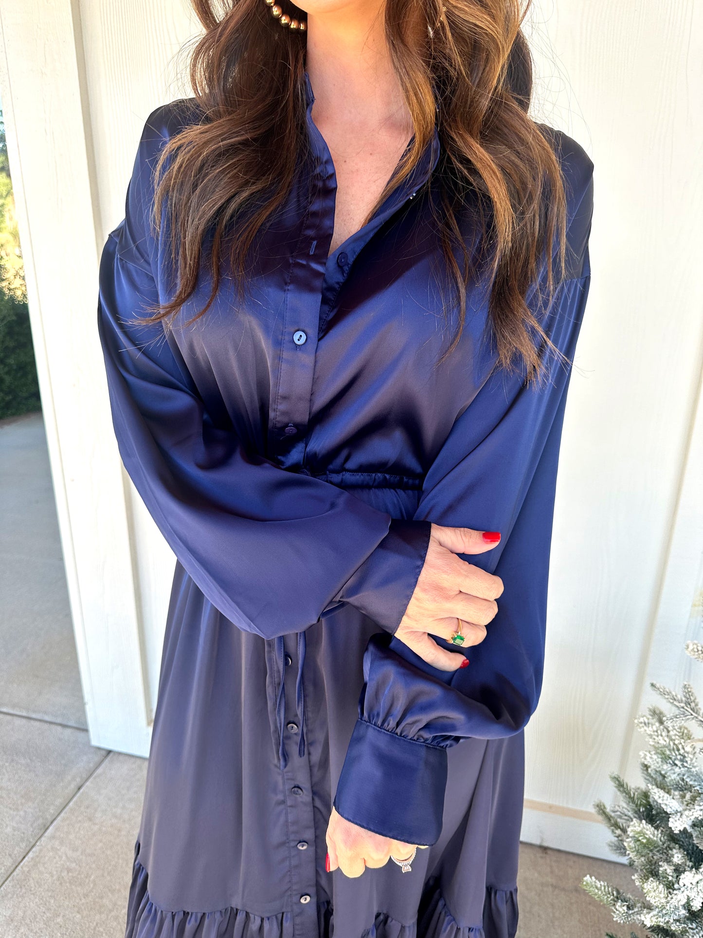 Navy Collared Satin Maxi Dress