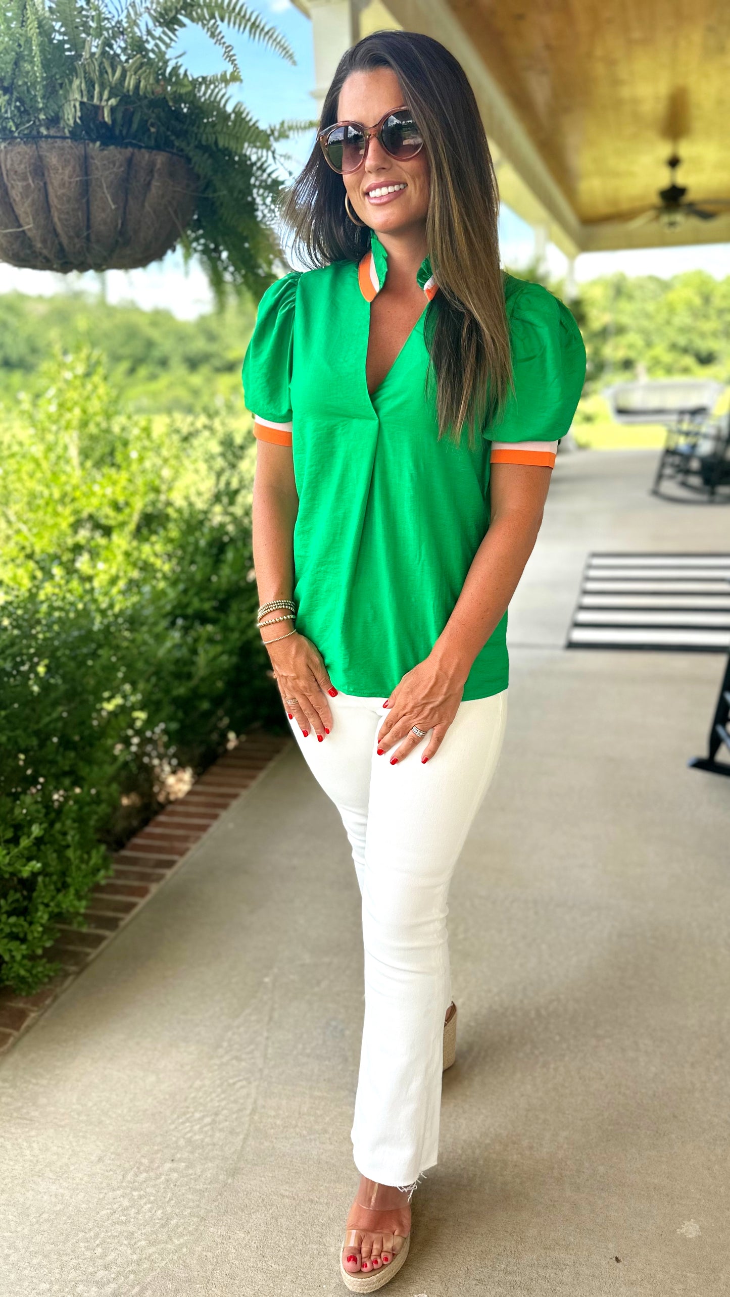 Green Colorful Trim Blouse